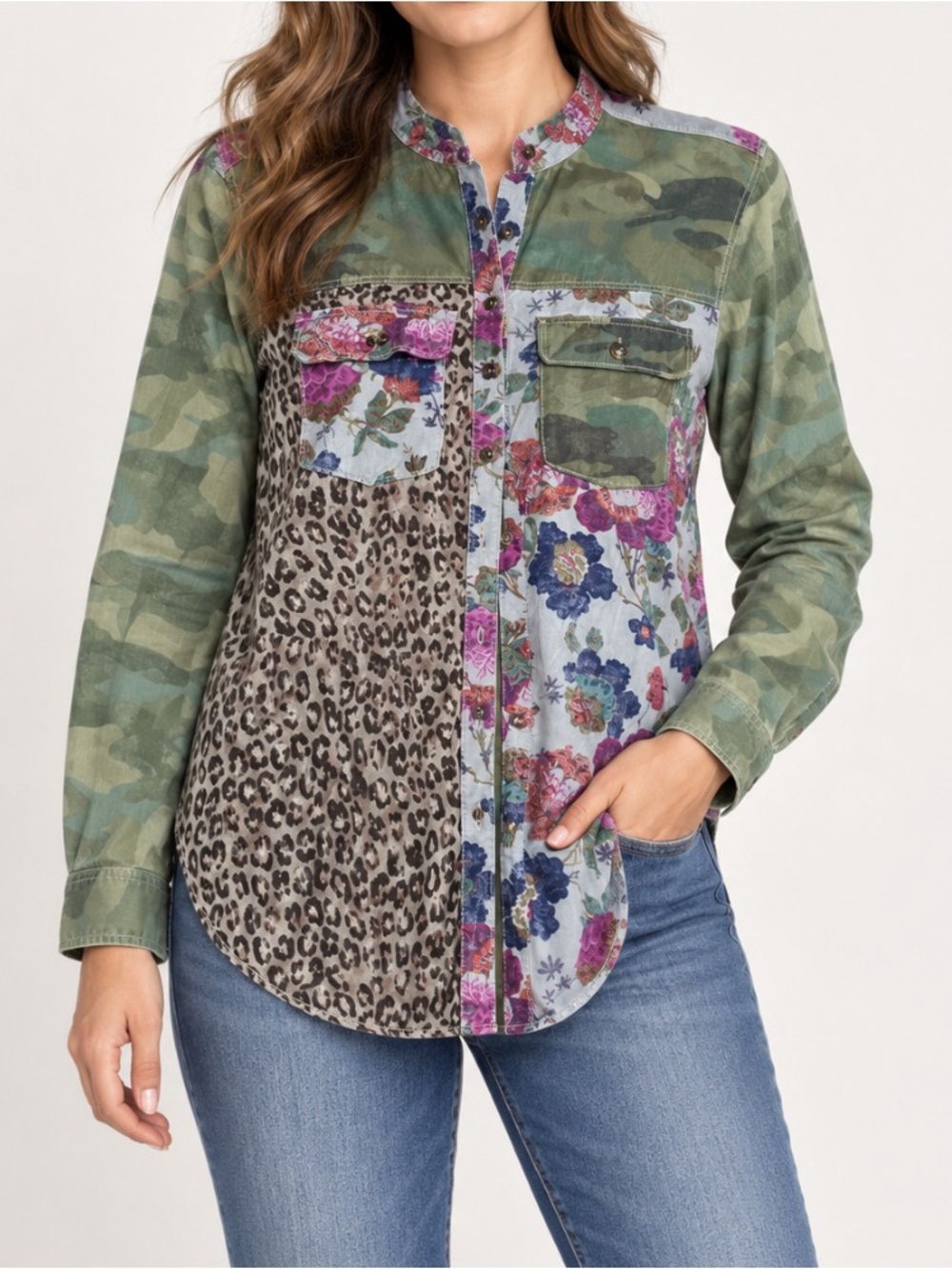 Pilcro Anthropologie Women’s Patchwork Camo Floral Leopard Button-Up Shirt L